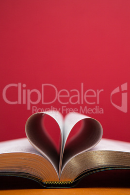 Embossed pages of book folded to make heart