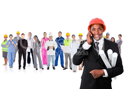 Architect on the phone in front of career group