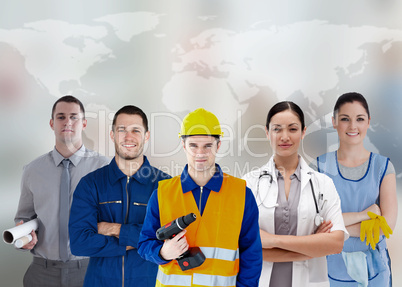 Five workers of different industries