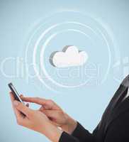 Businesswoman connecting her phone to cloud computing