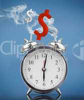 Smoking alarm clock with dollar signs