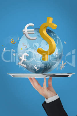 Waiter presenting the world and currency