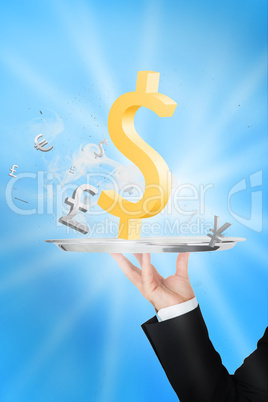 Waiter presenting world currencies with large yellow dollar