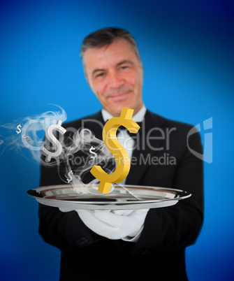 Waiter offering smoking dollars