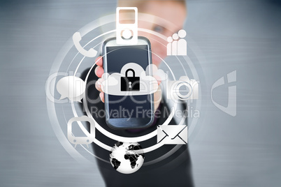 Businesswoman holding up locked smart phone