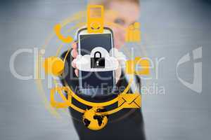 Businesswoman holding up locked smart phone with orange applicat