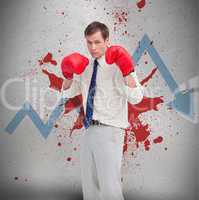 Businessman in boxing gloves against loss arrow and blood spatte