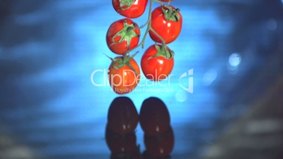 Vine tomatoes falling in water