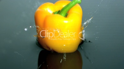 Yellow pepper falling in water close up