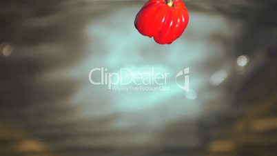 Red scotch bonnet chili pepper falling in water