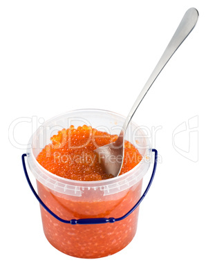 Red caviar in a plastic container isolated