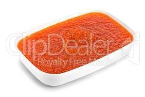 Red caviar in a plastic container