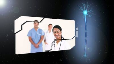 Montage of medical workers with revolving brain introduction