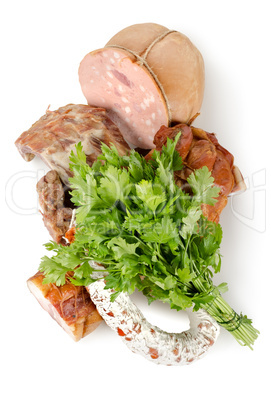 Cooked meat and sausages isolated