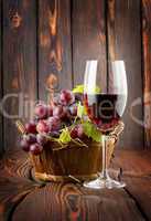 Wine glass and grapes in a basket