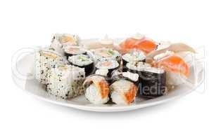 Sushi and rolls in a dishes