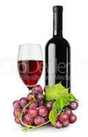 Bottle of red wine, wineglass and grapes