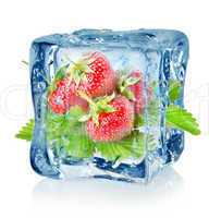Ice cube and strawberry isolated