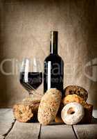 Wine and assortment of bread