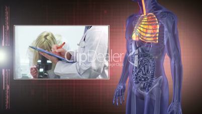 Revolving human figure showing organs with montage of medical clips