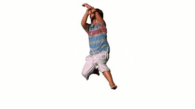 Boy jumping up and down on a white background