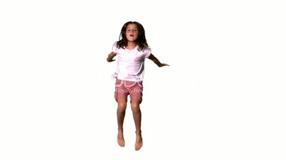 Happy girl jumping on white background