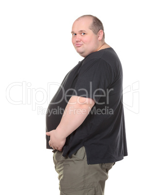Fat Man Standing in Profile and Holding her Belly