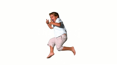 Little boy jumping and shouting on white background