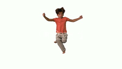 Boy jumping and cheering on white background
