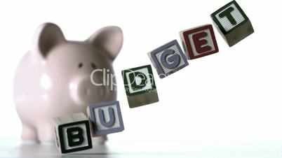 Blocks spelling budget falling over in front of a piggy bank