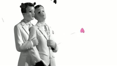 Confetti falling on gay groom cake toppers in black and white