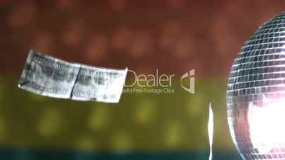 Dollars falling against rainbow flag with spinning disco ball