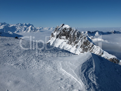 Beautiful winter day on the Titlis, mountain panorama