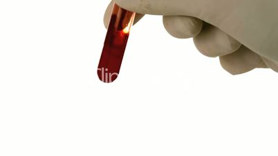 Gloved hand shaking test tube of blood on white background