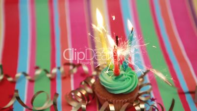 Birthday cupcake with sparkler and candle