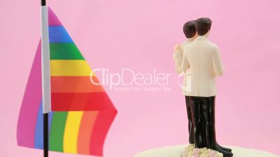 Gay groom cake toppers in front of rainbow flag revolving