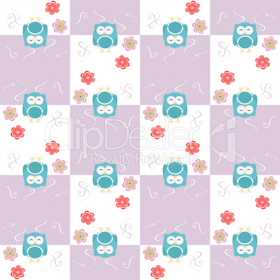 owls seamless pattern with flowers