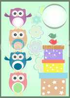happy birthday card with cute owls and gift boxes