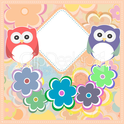 Background with owl, flowers and birds