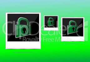 Set of empty photos and padlock on abstract green background