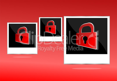 Set of empty photos with padlock on red background