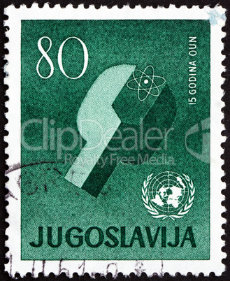 Postage stamp Yugoslavia 1960 Atom and UN Emblem