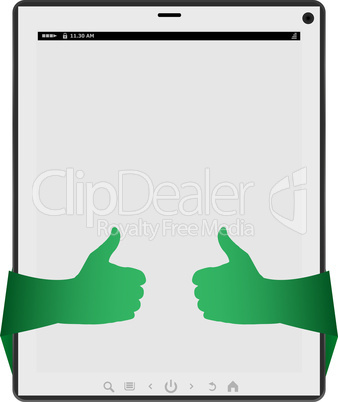 Hands holding touch screen tablet pc with blank screen