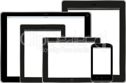 Set of tablet pc and smartphones with blank screen isolated on white
