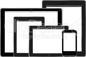 Set of tablet pc and smartphones with blank screen isolated on white