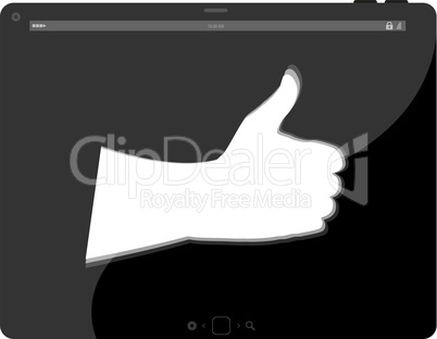 Illustration of black tablet pc in hands on white background. Portable computer