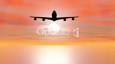 Plane flying by sunset - 3D render