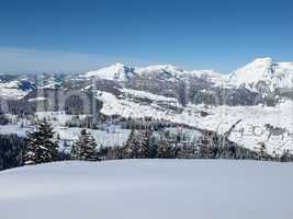 Winter day in the Swiss Alps, snow landscape