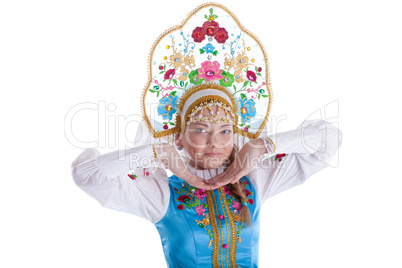 Pretty young girl in kokoshnik isolated