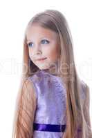 Pretty blonde girl in purple dress isolated